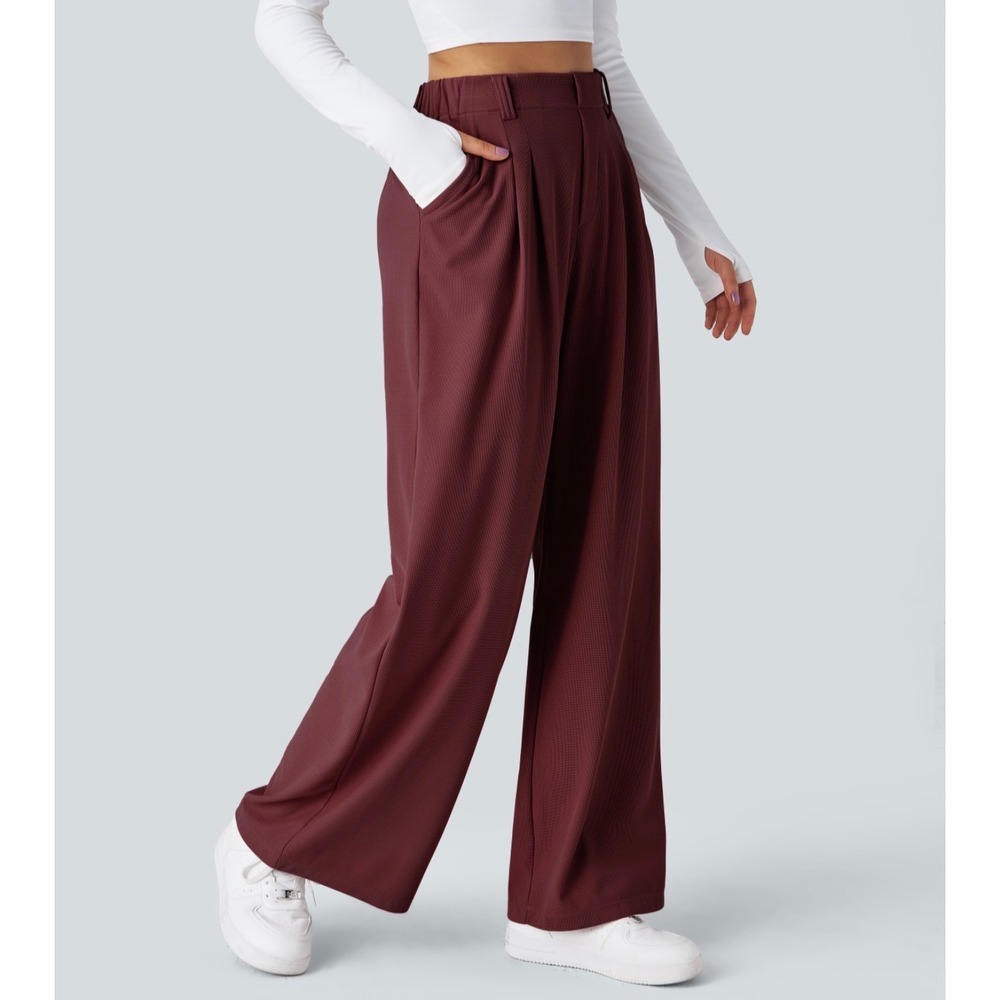 Halara Flex High Waisted Pocket Wide Leg Waffle Work Pants Burgundy Red L